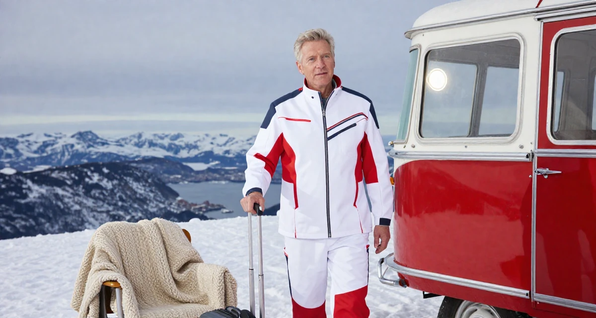 A patient male From Norway, based in Bergen, graduated from a regional college majoring in creative communication in their 40, supporting aging parents, wearing a futuristic medic uniform with white and red details, polling a luggage handle in a snowy mountain peak.