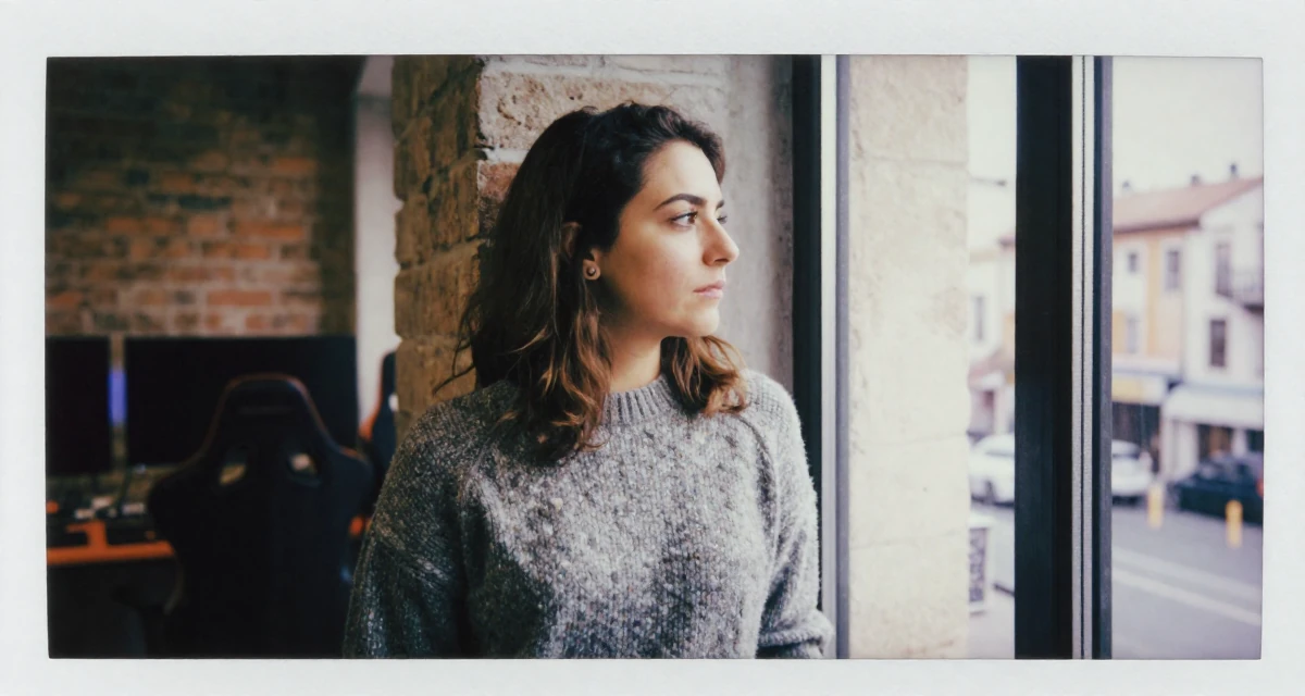 A stoic Female From Thessaloniki Greece, majored in international economics in their 25, vibrating with creative potential, wearing a textured wool sweater, looking out the window in a gaming room.