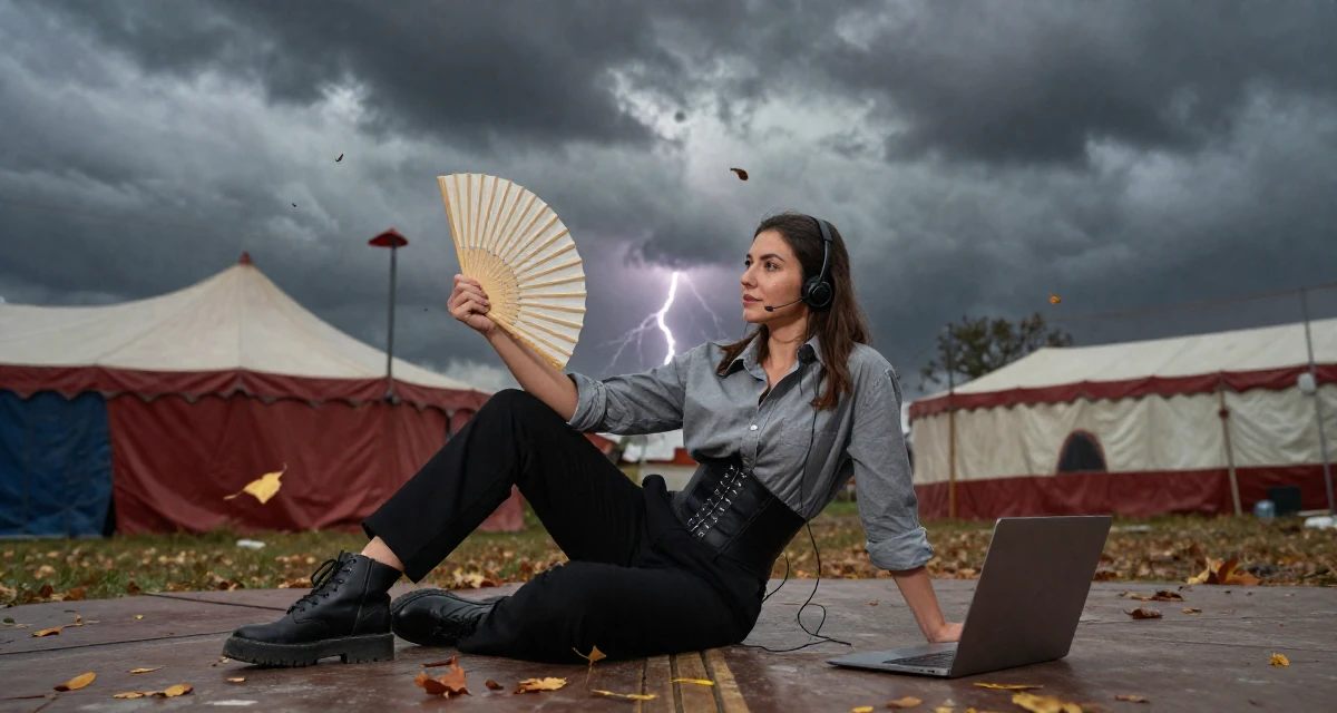 A nostalgic Female Once a call-center agent, now a confident camera-ready creator in their 31, digital nomad setting up a base in a new city, wearing a button-up shirt with a corset belt and black pants, fanning self with a hand in a circus tent interior.