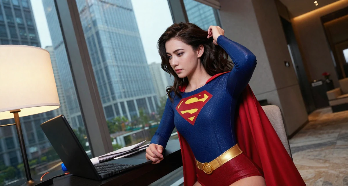 A calm and confident Female Previously a paramedic trainee, now focusing on fitness and resilience content in their 24, reinvesting earnings in better lighting and props, wearing a superheroine spandex suit with a cape, clasping hands together in a hotel lobby.