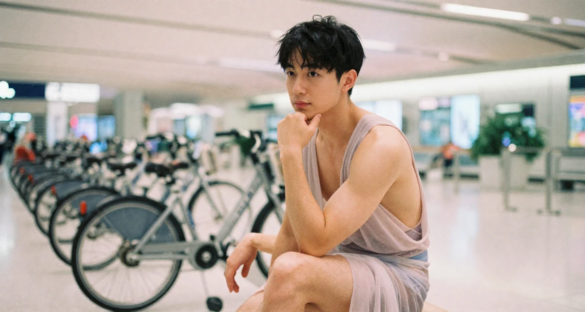 A sentimental male Once a ballet dropout, now redefining movement through intimate expression in their 35, celebrating a major career milestone, wearing a sheer sarong skirt over a swimsuit, touching the chin thoughtfully in a airport terminal.