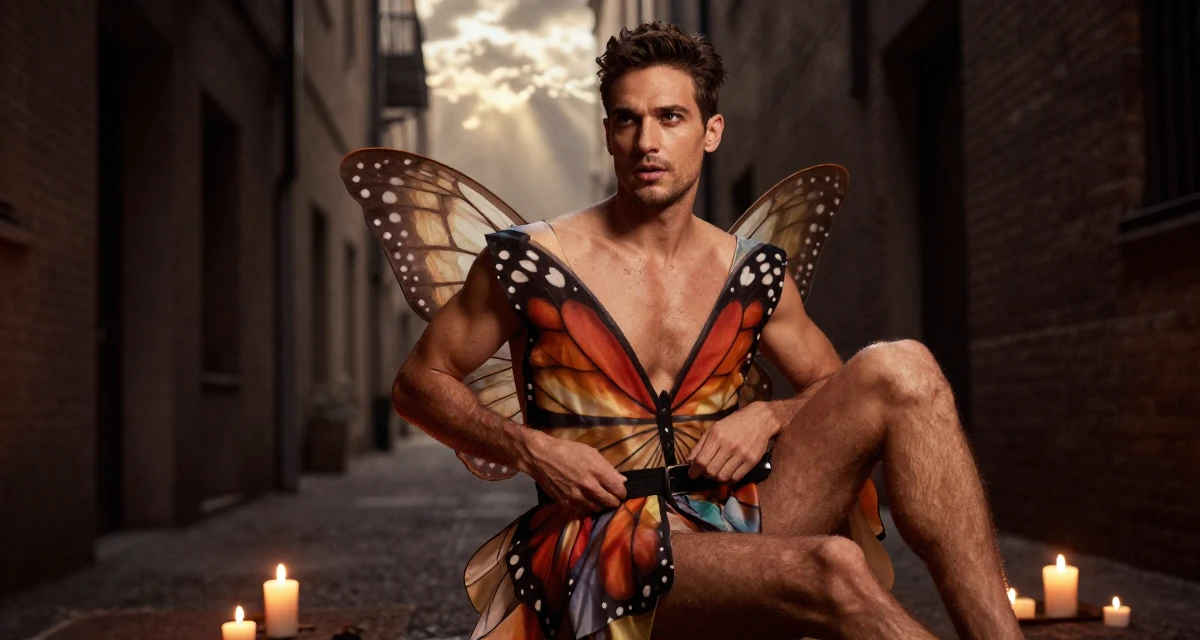 A ambitious male From Luxembourg, studied European business law in their 49, looking forward to the freedom of 50, wearing a butterfly-themed fairy dress with large wings, adjusting a belt in a photo studio.