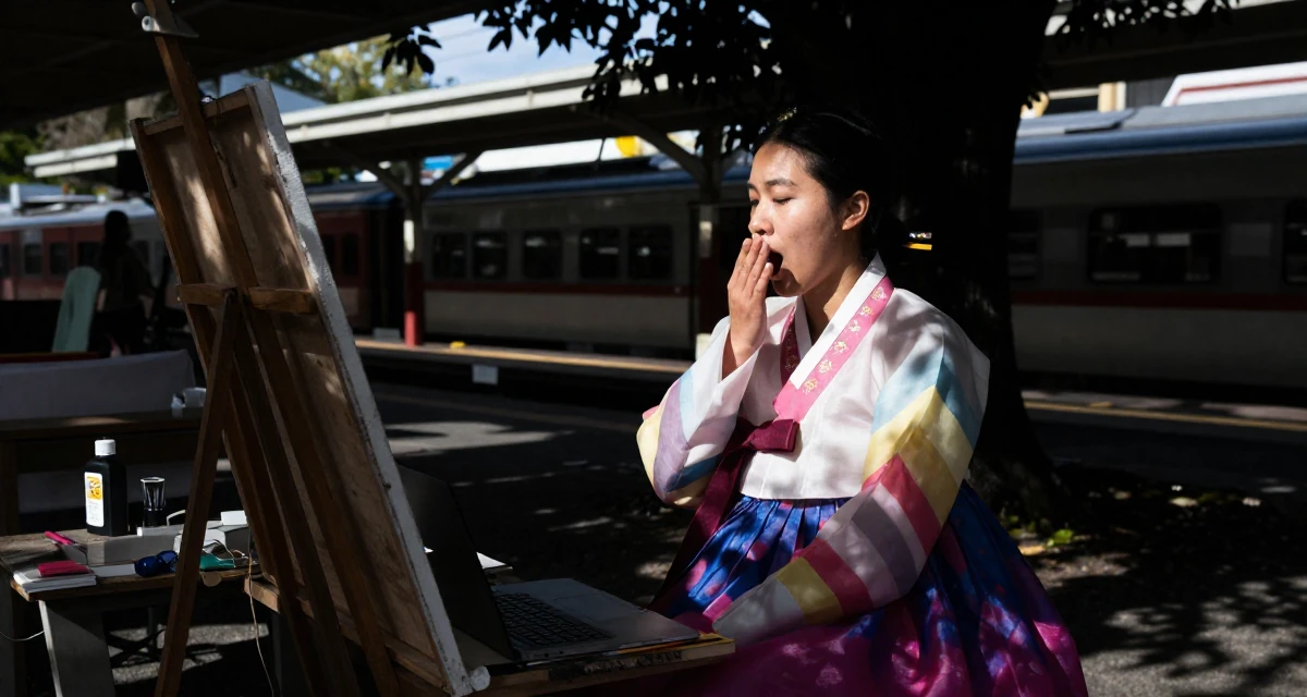 A longing Female From Wellington New Zealand, majored in sociology in their 31, digital nomad setting up a base in a new city, wearing a traditional hanbok modified for a modern look, stifling a yawn in a artist workshop.