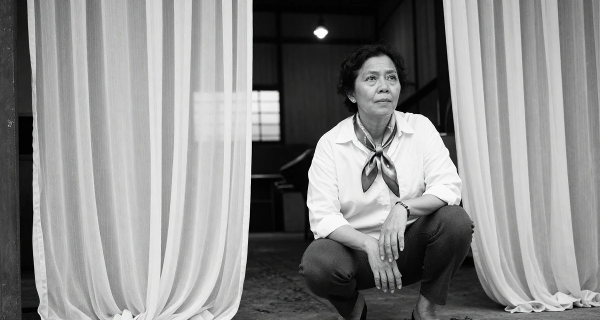 A enigmatic Female From Indonesia, based in Surabaya, graduated from a creative academy majoring in multimedia arts in their 40, navigating the balance of career and aging parents, wearing a silk scarf tied around the neck of a white shirt, pausing mid-step in a industrial warehouse.