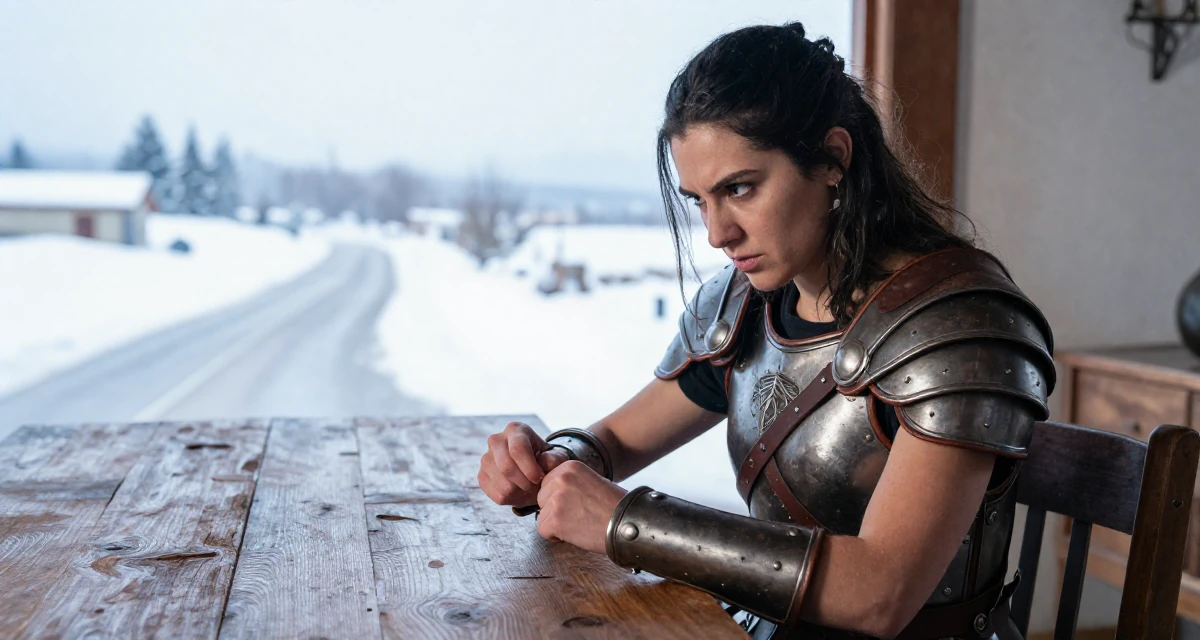 A ferocious Female From Chile, majored in astronomy in their 25, realizing no one teaches emotional labor in creator work, wearing a gladiator armor with leather straps and a metal breastplate, fixing a cufflink in a dining room.