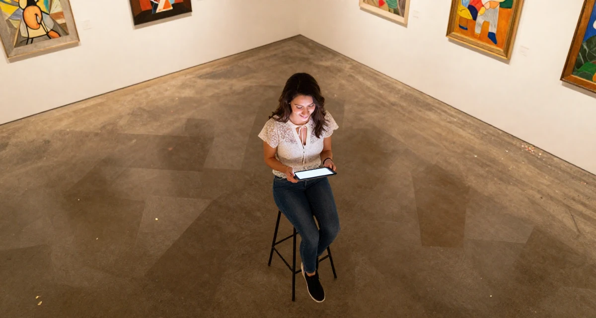 A softly smiling Female Once a dog trainer, now a pet-friendly lifestyle content creator in their 24, embracing weekends of solitude and rest, wearing a lace-up front top and skinny jeans, holding a tablet device in a art gallery hall.