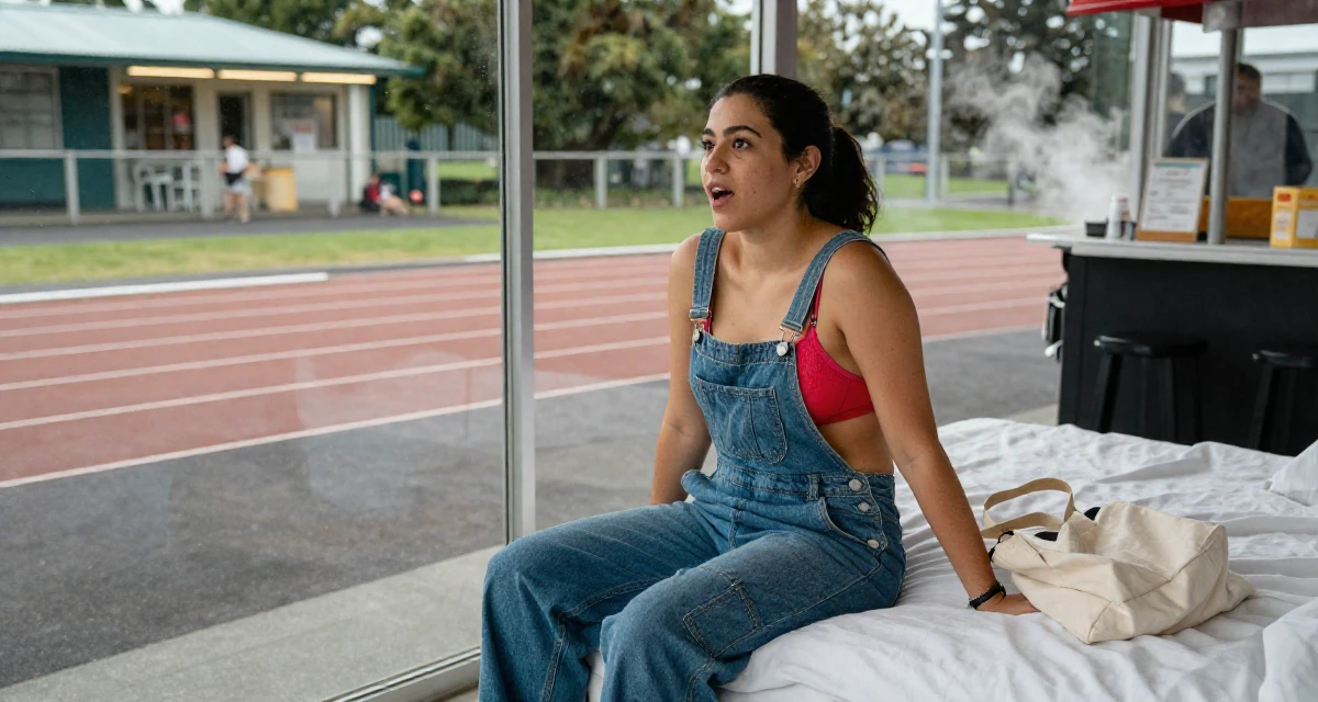 A energetic Female From Auckland New Zealand, studied animation in their 23, experimenting with bolder lingerie styles while staying safe, wearing a relaxed dungarees or overalls, carrying a tote bag in a running track.