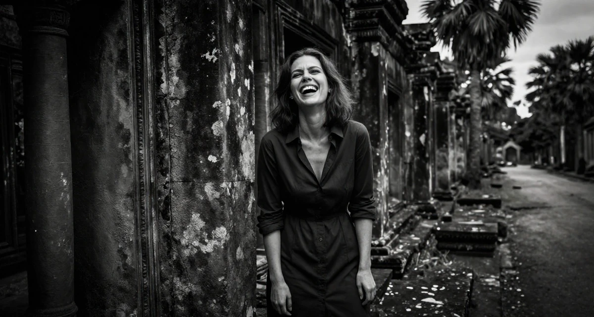 A alluring Female From Finland, studied graphic design and branding in their 21, constantly documenting life for an audience, wearing a button-up shirt dress with the top buttons undone, laughing uncontrollably in a ancient stone ruins.