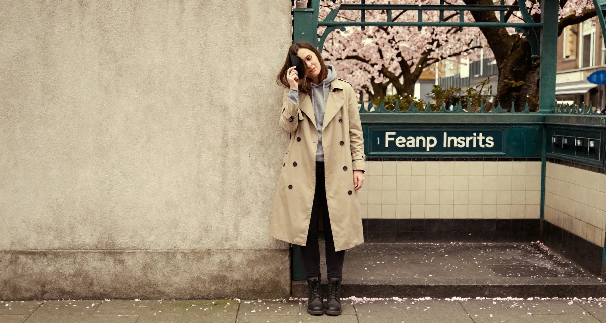 A playful Female From Ireland, majored in creative media production in their 20, wearing a hoodie and looking sleep-deprived, wearing a timeless trench and boots, brushing hair away from the face in a urban street.