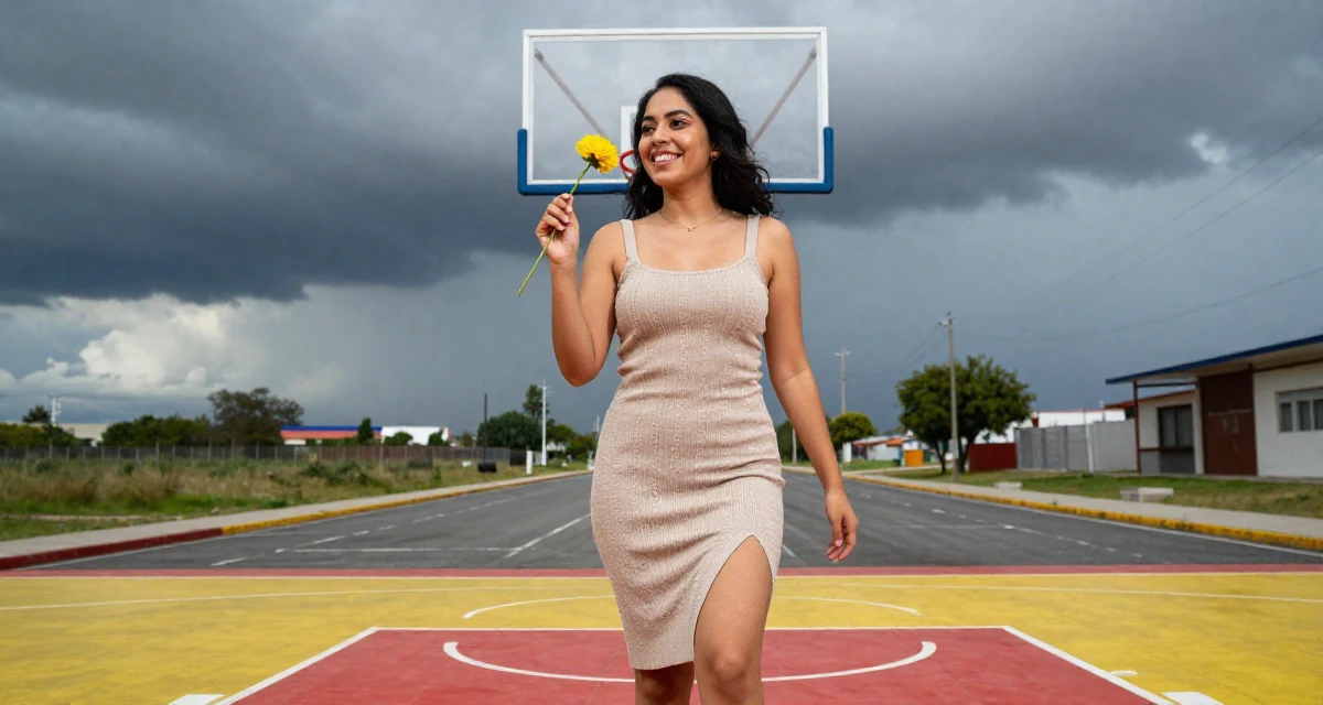 A happy Female From Mexico, based in Monterrey, graduated from a private university majoring in communication studies in their 23, realizing early burnout is real but pushing anyway, wearing a fitted knit dress with a side slit, holding a single flower in a basketball court.