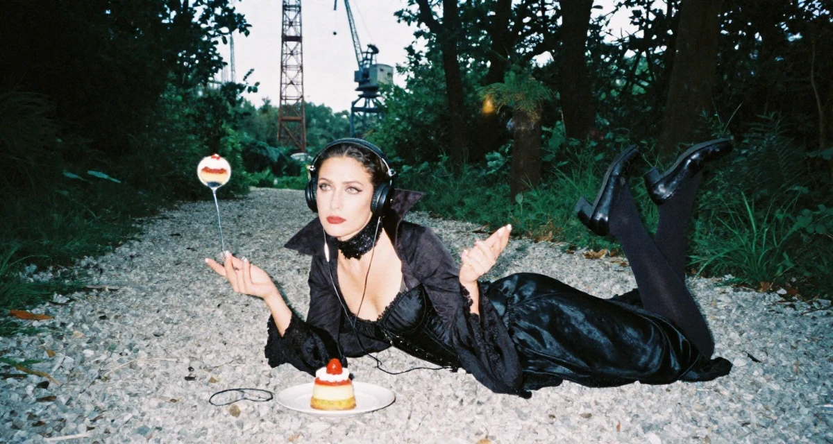 A bored Female Previously a pastry student, now blending dessert aesthetics with lifestyle content in their 43, juggling two jobs, wearing a vampire queen gown with a high collar and corset, listening to music with headphones in a magical forest clearing.