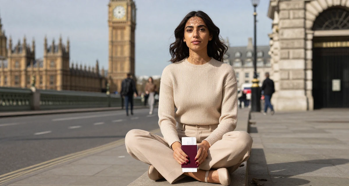 A calm and confident Female From UK, studied law at a prestigious university in their 23, shifting from spontaneous posting to planned batches, wearing a monochromatic beige outfit with a knit top and trousers, holding a passport or ticket in a urban street.