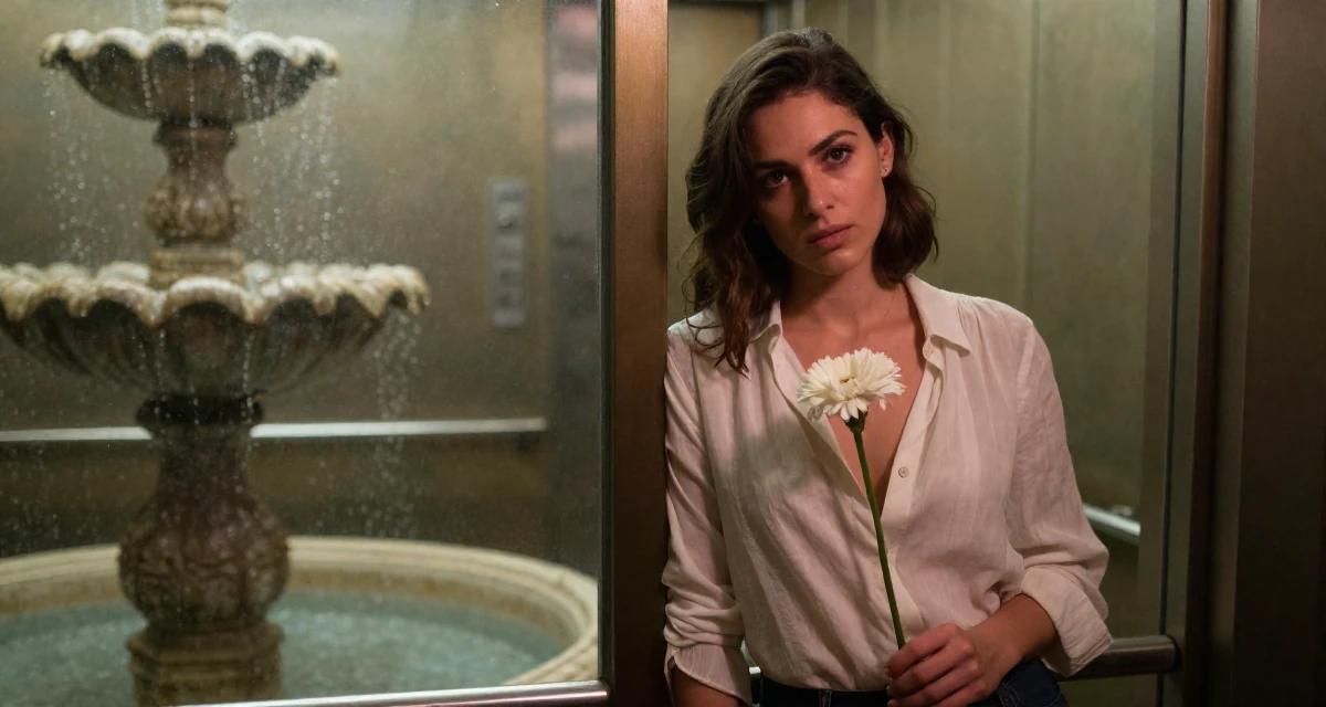 A assertive Female From France, studied fashion design in their 24, exploring opportunities for self-expression, wearing a lightweight chiffon blouse slightly unbuttoned, holding a single flower in a elevator hall.