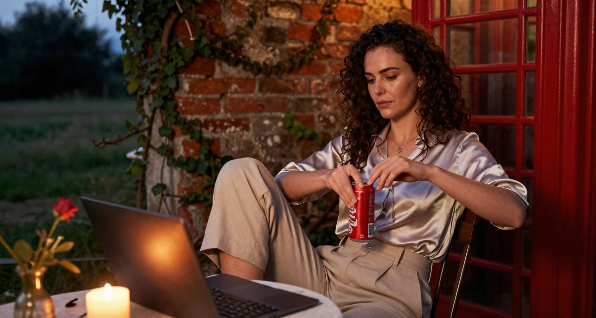 A tranquil Female From Athens Greece, learned movement expression through traditional dance in their 38, sharing tips for effective remote work, wearing a high-waisted beige trousers and a tucked-in satin blouse, opening a soda can in a farm field.