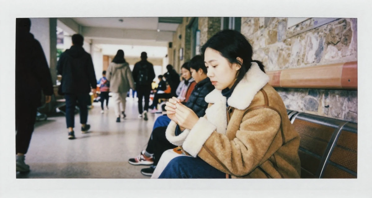 A resilient Female Once a kindergarten teacher, now a full-time lifestyle content creator in their 28, leading a small team for the first time, wearing a warm shearling jacket, picking something up in a hospital corridor.