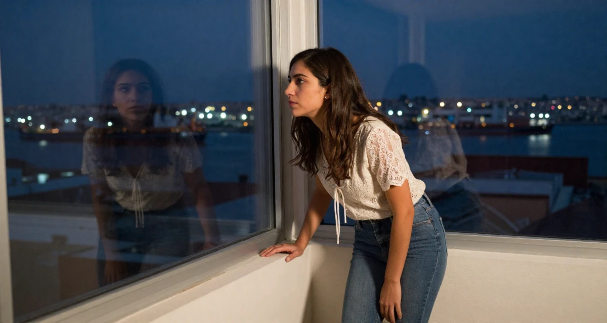 A solemn but kind Female From Córdoba Argentina, studied emotional storytelling in photography in their 22, becoming more aware of personal boundaries with fans, wearing a lace-up front top and skinny jeans, checking a reflection in a window in a quiet library corner.