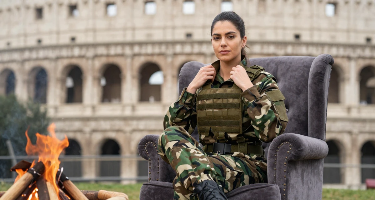A calm and confident Female From Spain, studied audiovisual communication in their 25, evaluating long-term career opportunities, wearing a commando outfit with camouflage paint and tactical harness, fixing a collar in a campfire circle.