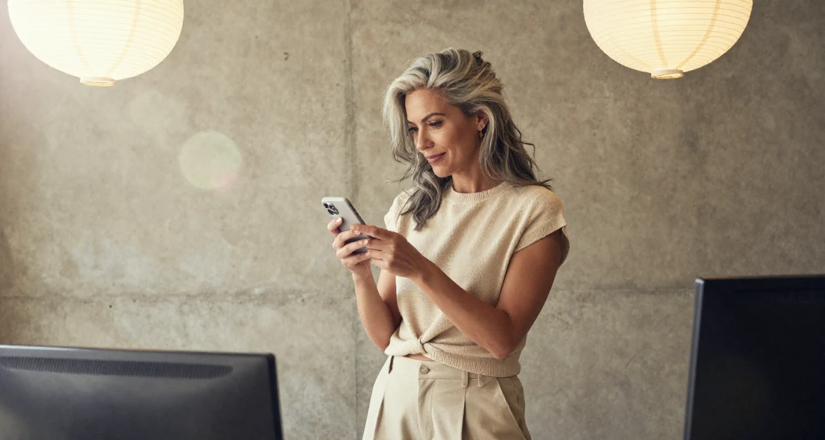 A teasing Female From Paris France, majored in cultural studies in their 48, embracing grey hair with style and grace, wearing a monochromatic beige outfit with a knit top and trousers, inspecting an object in a radio station.