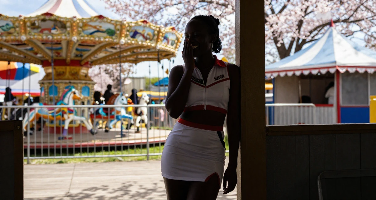 A contented Female Raised in Kenya, studied digital entrepreneurship in their 24, understanding personal limits and staying safe, wearing a race queen outfit with a zipper front and mini skirt, covering a laugh with one hand in a carnival with rides.