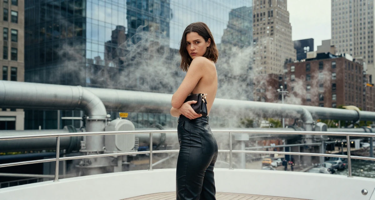 A melancholic Female From New York USA, studied film and television in their 25, letting go of the need to please everyone, wearing a sleek leather pants styling, holding a purse tightly in a yacht deck.