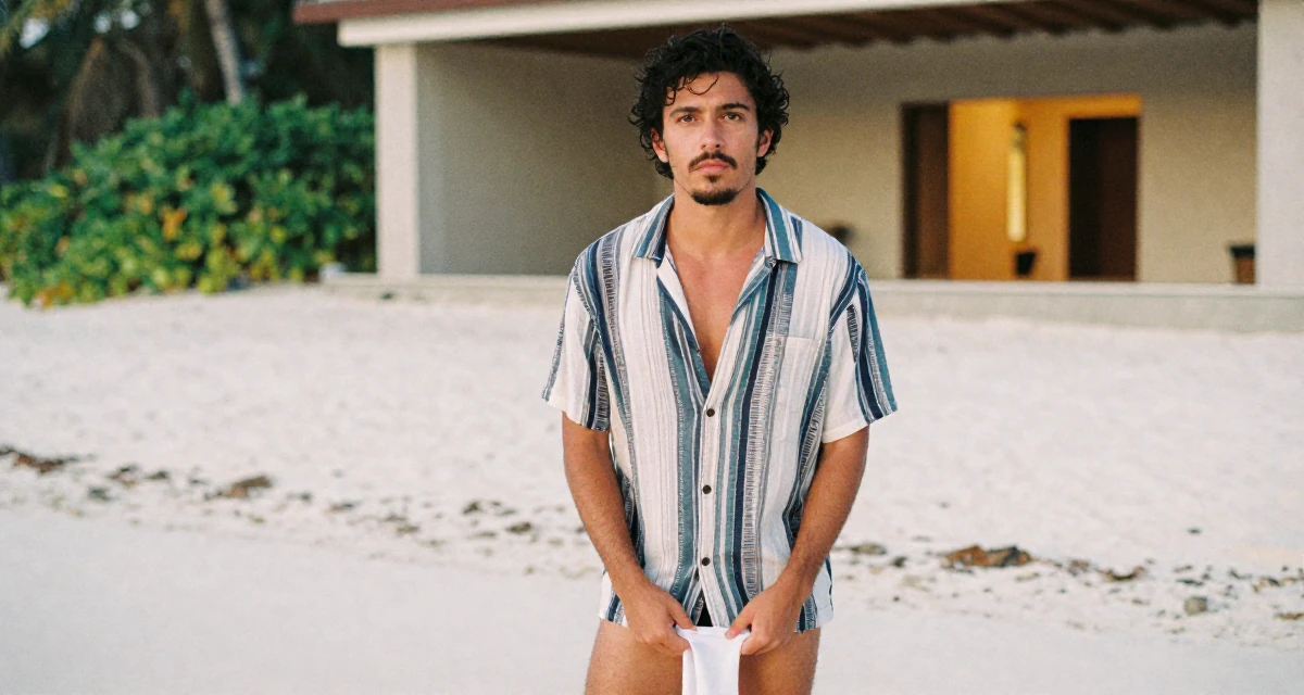 A commanding male Once a junior photographer, now the subject of her own shoots in their 25, managing fluctuating confidence, wearing a relaxed vacation shirt, pulling up a sock in a tropical white sand beach.