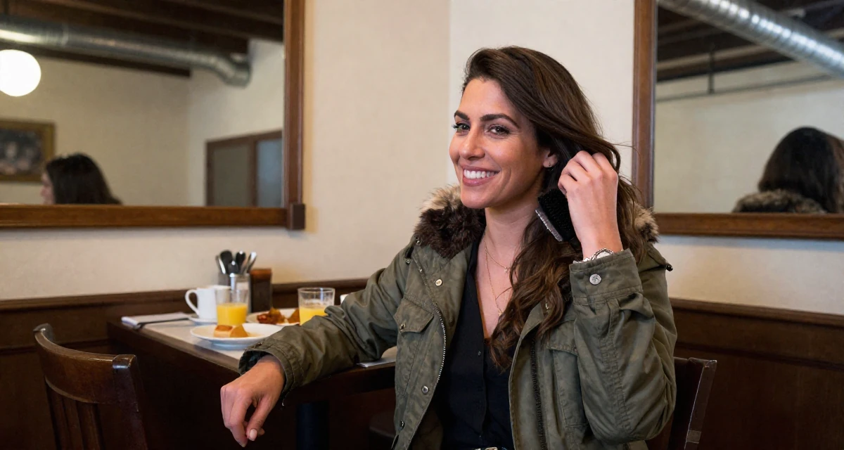 A cheerful Female From Mexico, studied public relations in their 35, celebrating a major career milestone, wearing a stylish parka jacket, brushing hair away from the face in a breakfast nook.