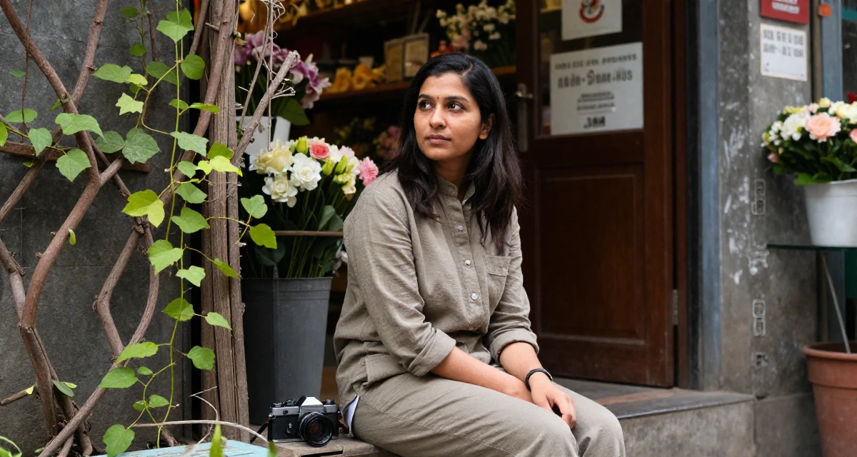 A quietly confident Female Born in Nepal, studied urban planning in their 37, establishing authority in a niche market, wearing a muted earth-tone clothing set, looking for something in a pocket in a flower shop entrance.