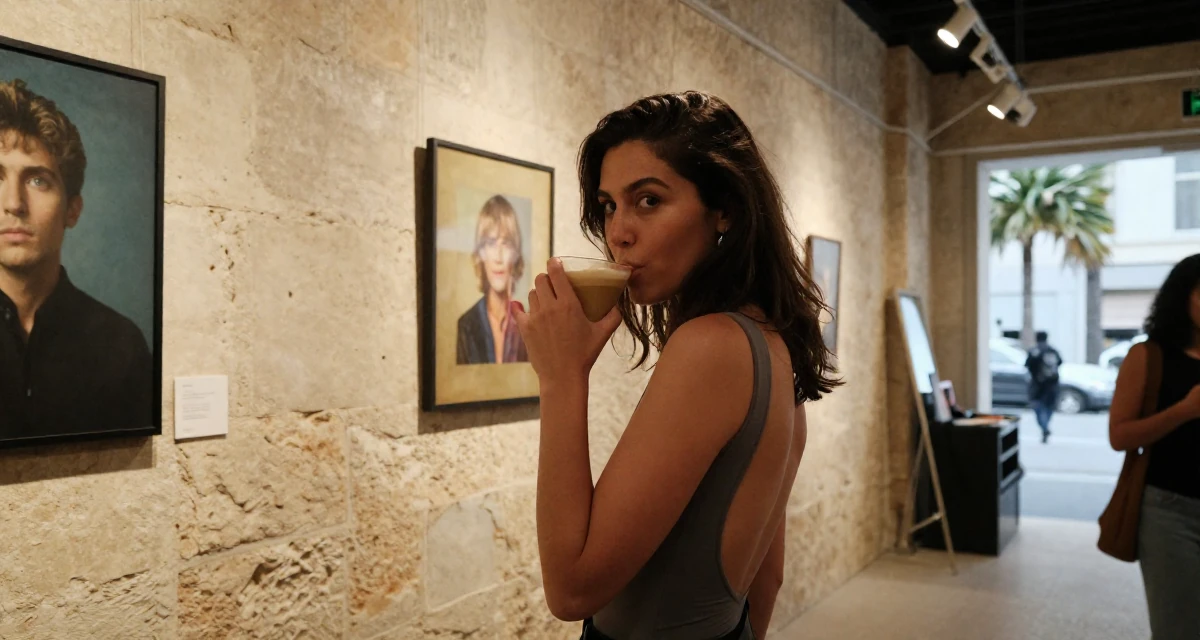 A nostalgic Female Once a supermarket clerk, now building a slow-life creator brand in their 23, refining their taste in art and music, wearing a sleeveless bodysuit with deep armholes, sipping a latte in a art gallery hall.