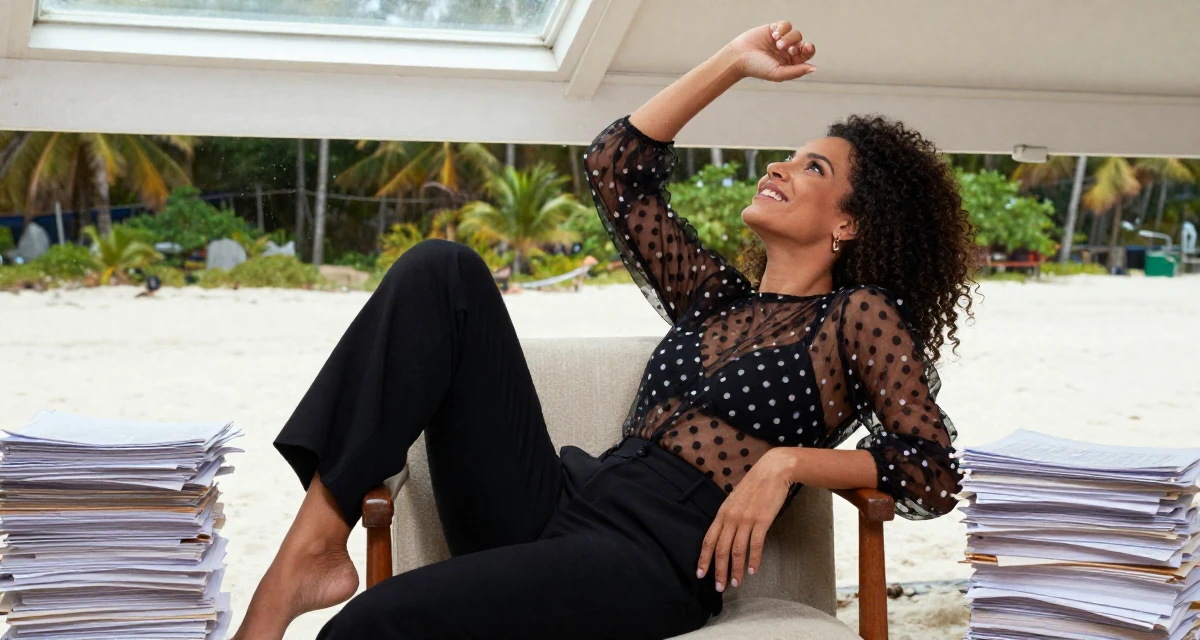A joyful Female From São Paulo Brazil, practiced samba dance and sensual movement in their 25, gaining confidence in professional expertise, wearing a sheer polka dot blouse and black trousers, looking up at the sky in a tropical white sand beach.