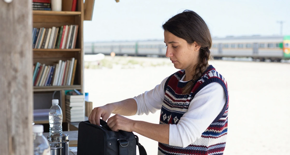A resilient Female From Turkmenistan, studied industrial technology in their 25, entering first serious friendships and relationships, wearing a preppy sweater vest combo, closing a bag in a beach bar.