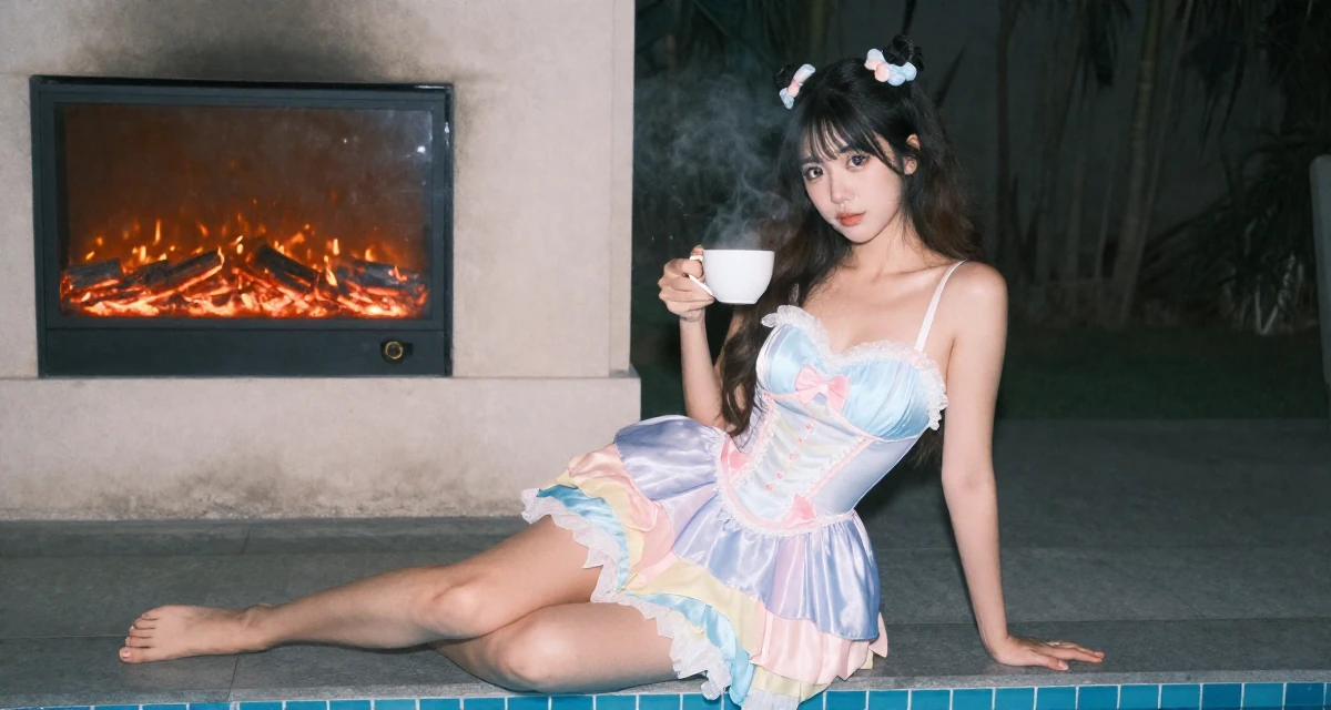A coy Female From Kuala Lumpur Malaysia, self-taught content creator specializing in color grading in their 25, treating sensual content as art, not pressure, wearing a candy-themed magical girl dress with pastel colors, holding a cup of coffee in a swimming pool.