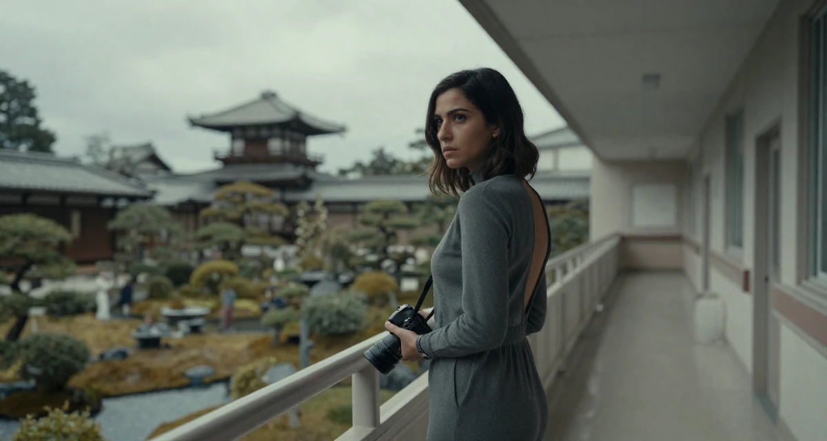 A disinterested Female From Cairo Egypt, studied anthropology in their 24, prioritizing mental health over the grind, wearing a fitted jumpsuit with an open back design, holding a camera in a hospital corridor.