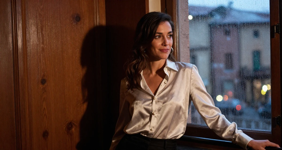 A gently amused Female From Italy, based in Bologna, graduated from a local university majoring in media production in their 30, redefining what success means personally, wearing a satin blouse with pearl buttons, holding a railing in a tv set.