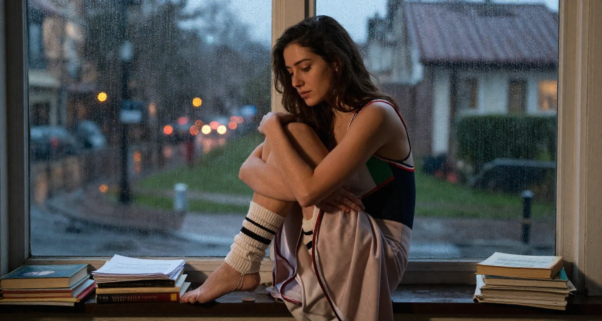 A poised Female From Palestine, studied community development in their 27, contemplating a major career pivot, wearing a retro 80s workout leotard and leg warmers, smoothing down a dress in a front porch.