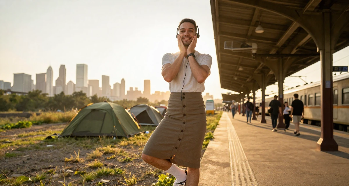A contented male Once a call-center agent, now a confident camera-ready creator in their 25, taking first steps toward financial autonomy, wearing a fitted midi skirt with buttons down the front, pulling up a sock in a camping site.