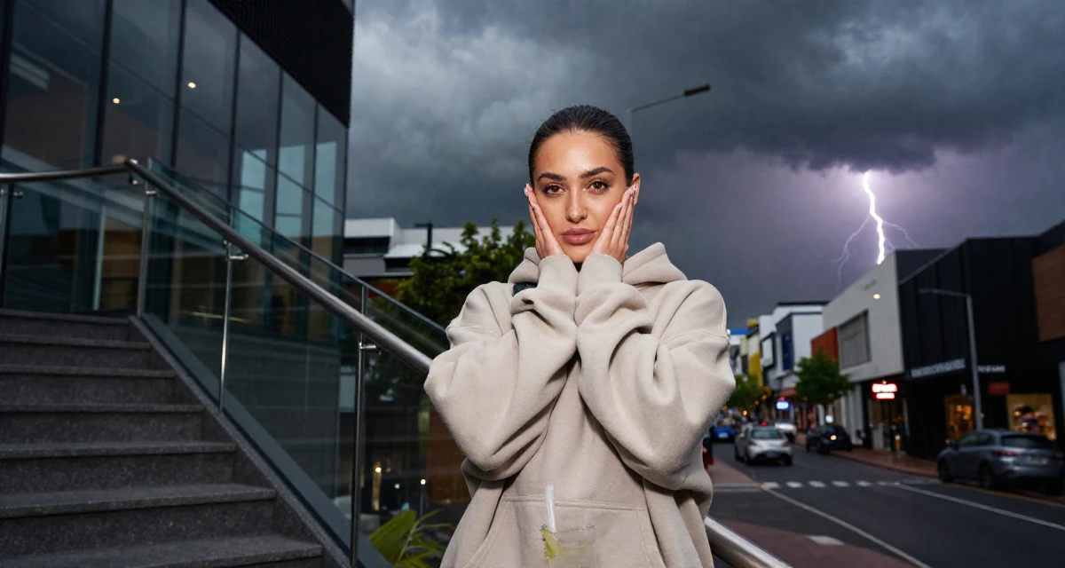 A self-assured Female Grew up in Australia, majored in digital communication in their 24, curating a specific high-end lifestyle, wearing a trendy oversized hoodie, holding a cold drink in a winding staircase.