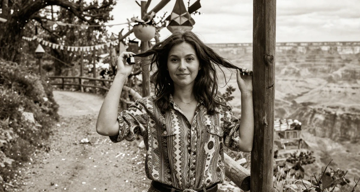 A friendly Female Former geography club member, now producing exploration-themed content in their 25, balancing innocence and boldness in early shoots, wearing a relaxed fit patterned shirt, twirling a lock of hair in a forest path.