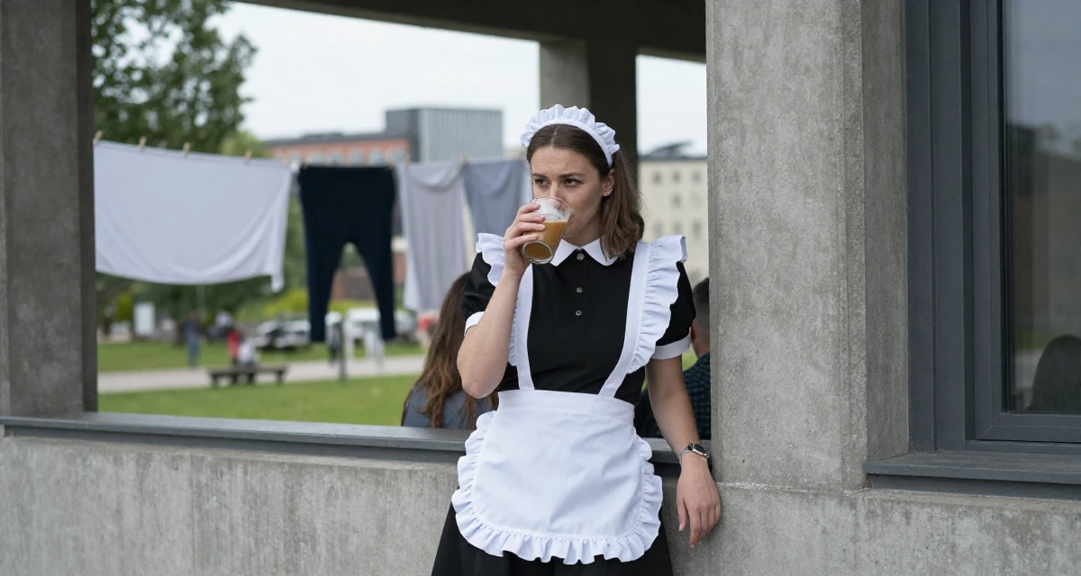 A soulful Female From Gothenburg Sweden, studied sustainable development in their 31, balancing career peaks with personal downtime, wearing a maid outfit with a white apron and ruffled headband, sipping a warm drink in a quiet park.