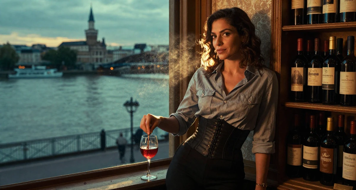 A lighthearted Female From Turkey, has a degree in tourism management in their 45, expert in vintage wine and culinary arts, wearing a button-up shirt with a corset belt and black pants, stirring a drink in a library aisle.