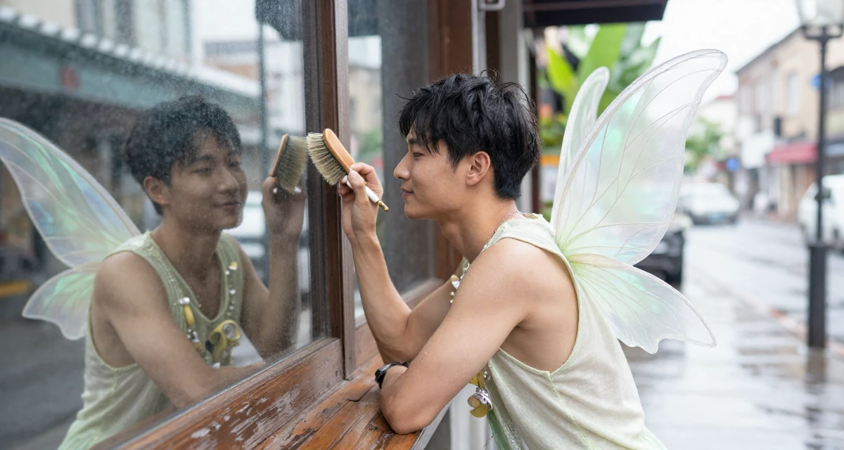 A tranquil male Former volunteer teacher, now crafting empowering creator narratives in their 35, enjoying a peak physical and mental state, wearing a fairy costume with translucent iridescent wings, brushing off dust in a rainy street corner.