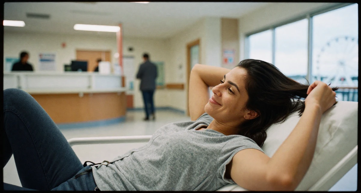 A radiant Female From Auckland New Zealand, explored intimate photography as personal therapy in their 32, focusing on health and longevity habits, wearing a comfortable travel outfit, twirling a lock of hair in a hospital corridor.