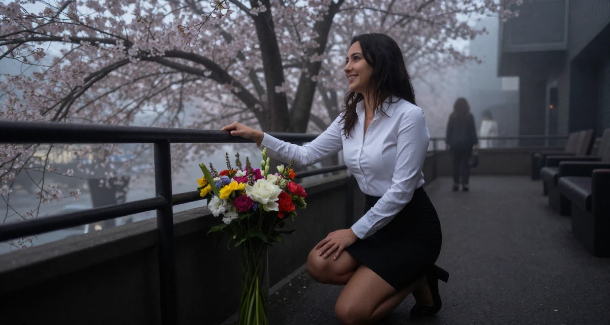 A sympathetic Female From Toronto Canada, studied criminology in their 22, exploring slow, teasing video styles within comfort limits, wearing a fitted white button-down shirt and a black pencil skirt, grabbing a railing for support in a cinema lobby.