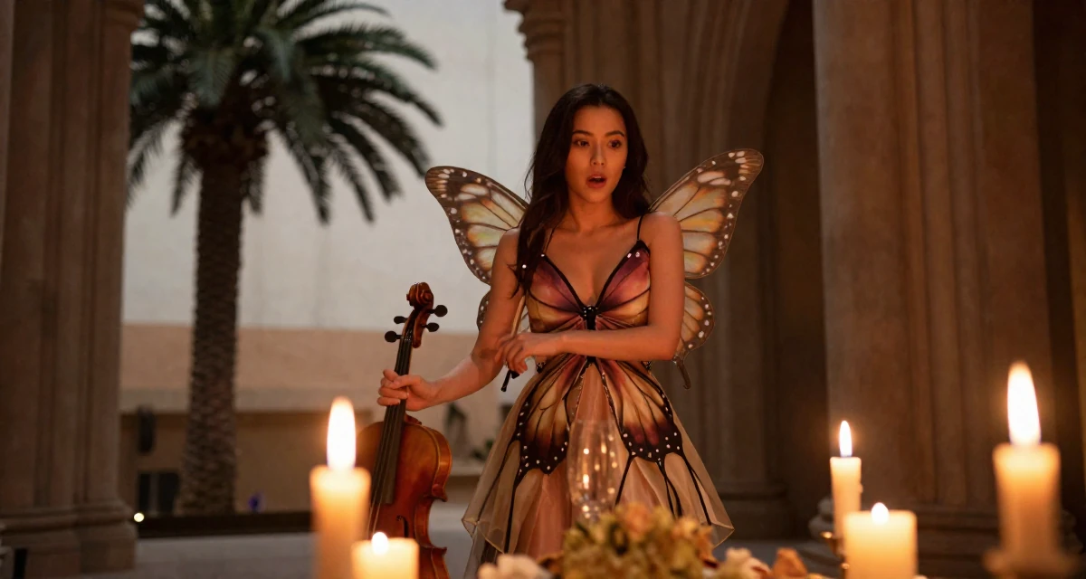 A surprised Female Once a violin student, now sharing aesthetic performance clips in their 22, adjusting to the 9-to-5 routine after college, wearing a butterfly-themed fairy dress with large wings, adjusting sleeves in a gothic cathedral interior.