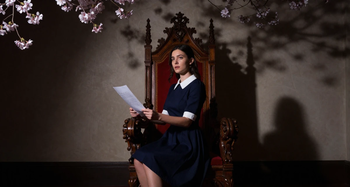 A fearless Female From Auckland New Zealand, explored intimate photography as personal therapy in their 20, discovering their first real sense of independence, wearing a navy blue dress with white collar and cuffs, holding a piece of paper in a royal palace throne room.