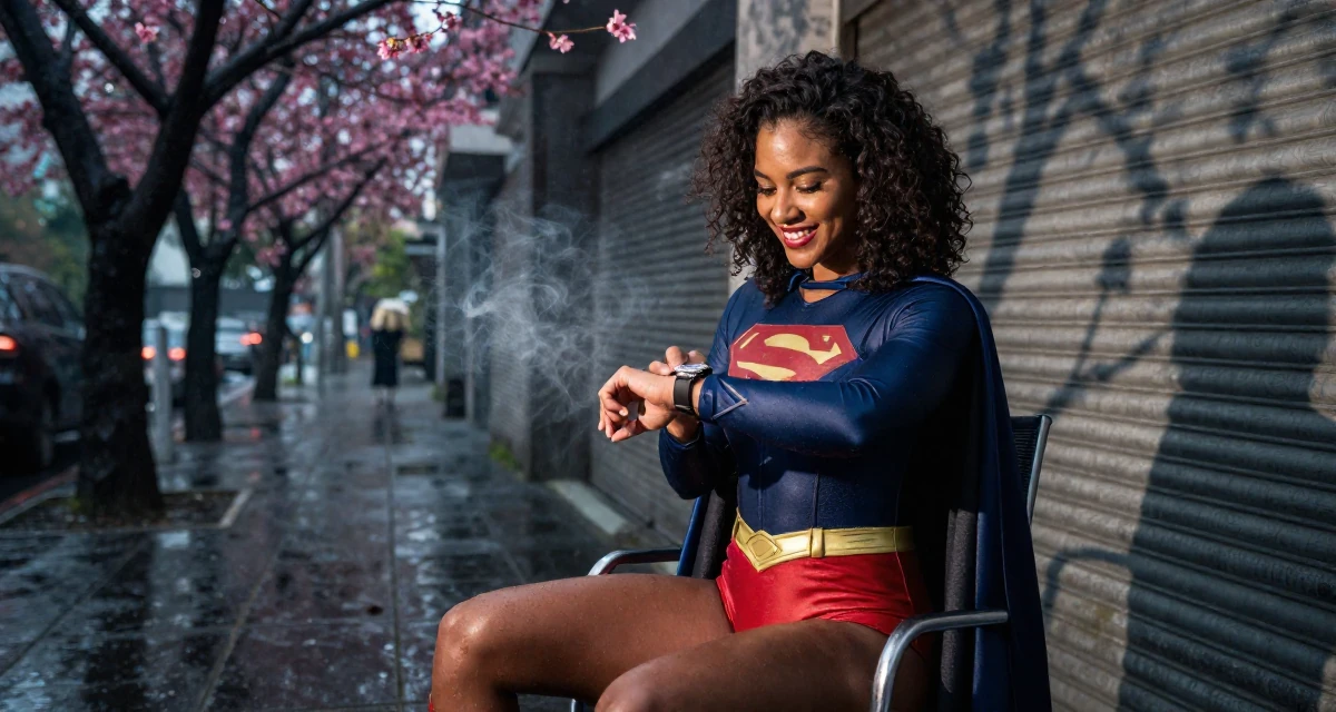 A optimistic Female From Bali Indonesia, practiced mindful movement and self-portrait art in their 25, figuring out boundaries while trying small photo sets, wearing a superheroine spandex suit with a cape, checking a wristwatch in a city sidewalk.