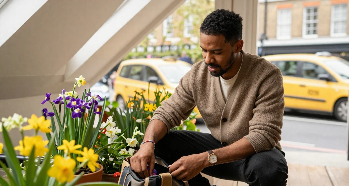 A magnetic male From London United Kingdom, majored in media studies in their 48, sharing stories of overcoming career setbacks, wearing a cropped cardigan with only one button fastened, reaching into a bag in a attic room.