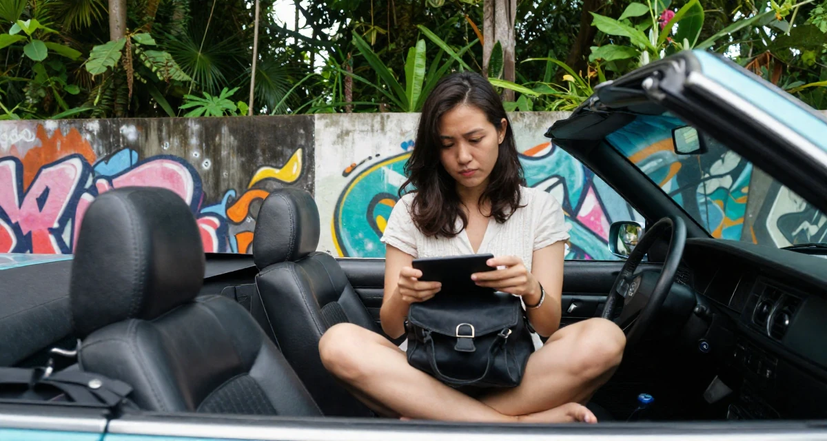 A bored Female From Malaysia, based in Penang, graduated from a private university majoring in digital media in their 23, decoding the unwritten rules of corporate life, wearing a airy cotton dress for summer, looking through a bag in a vintage convertible car.