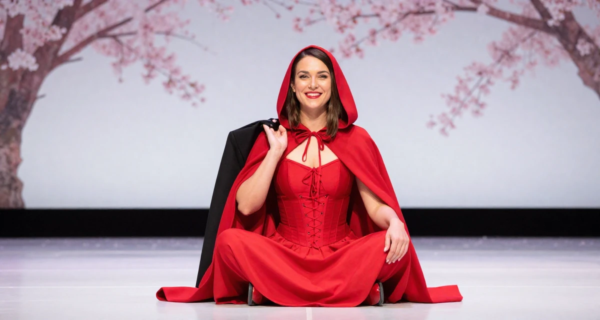 A delighted Female From Finland, based in Espoo, graduated from a design institute majoring in atmospheric lighting arts in their 41, rediscovering personal style after forty, wearing a red riding hood inspired cape and corset dress, holding a jacket over a shoulder in a theater stage.
