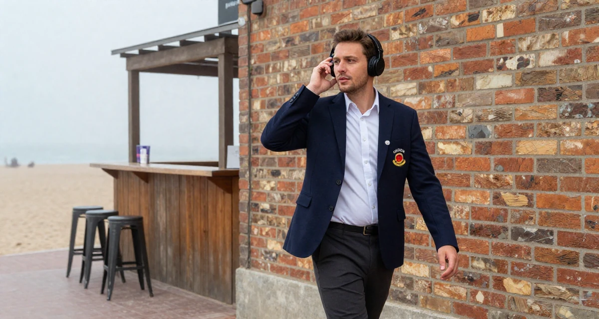 A dreaming male From Germany, majored in environmental science in their 25, establishing a distinct personal brand, wearing a school council president uniform with a blazer, adjusting headphones in a beach bar.