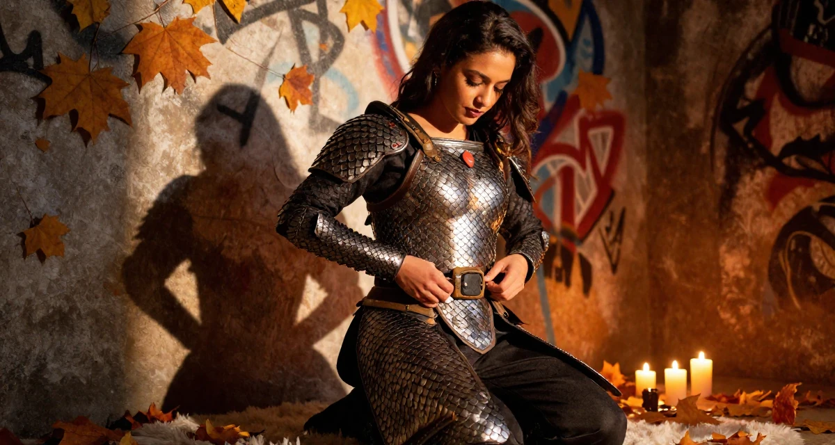 A dignified Female From Venezuela, majored in public administration in their 24, taking care of their physical health consistently, wearing a dragon scale armor texture with metallic sheen, adjusting a belt in a graffiti art wall.